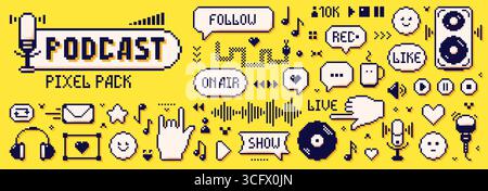 Pixel podcast elements. Set with 8 bit Y2K icons on yellow background. Snake, record, stereo, audio, microphone. Stock Vector