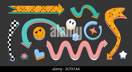 Decorative arrows with playful patterns in retro design - curved, wavy and straight pointers decorated with dots, triangles, stripes and stars. Smiling faces, hearts and geometric shapes for stickers Stock Vector