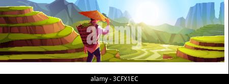 Farmer in conical hat with basket overlooks rice field - vector landscape with terraced paddies and mountain backdrop. Green agricultural terraces cascade down hillside with sunlight for Asian farming Stock Vector
