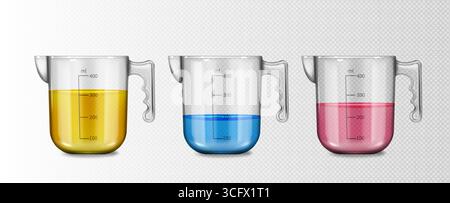 3d glass measuring cup set with yellow, blue and pink liquids and milliliter markings for kitchen portions. Transparent containers with handles and volume levels for cooking or baking ingredients Stock Vector