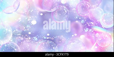 Floating sparkle bubble spheres with iridescent reflections and glowing particles on pastel gradient background. Transparent orbs on pink and purple dreamy bg - magical design with bokeh effects. Stock Vector