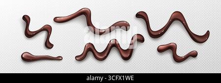 Glossy chocolate sauce drop patterns with flowing curves and wavy shapes on transparent bg for dessert decoration. Dark brown syrup drizzles in liquid lines for sweet toppings or confectionery design Stock Vector