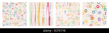 Kid rainbow school seamless patterns set with colorful doodles - cheerful animals faces and hearts, bright striped lines and circles. Playful swirls and scribbles for children educational decor. Stock Vector