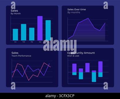 Sales tracking report graph ux dashboard dark set Stock Vector