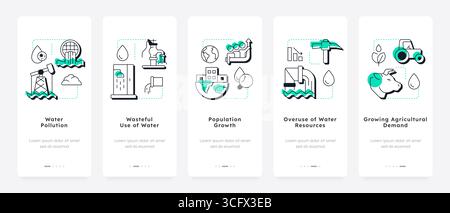Causes of water scarcity mobile app onboarding screens Stock Vector