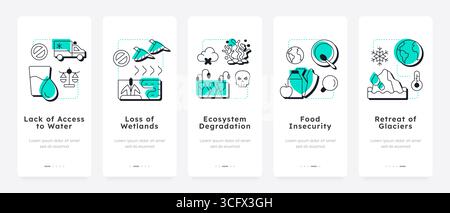 Impact of water crisis mobile app onboarding screens Stock Vector