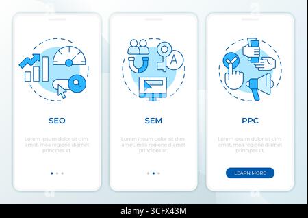 Search marketing optimization types blue onboarding mobile app screen Stock Vector