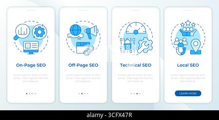 SEO optimization types blue onboarding mobile app screen Stock Vector