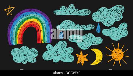 Set of Crayon Doodle Clouds, Rainbow, Moon And Sun Stock Vector