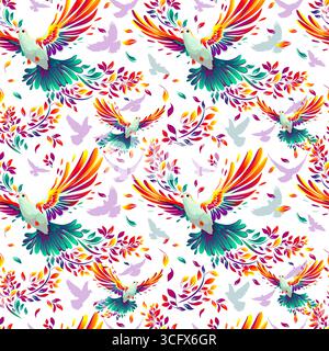 The colorful bird of peace, the dove Seamless pattern for fabric. hand drawing. Not AI. Vector illustration Stock Vector