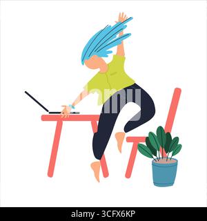 Young woman happy working from home. Remote work concept. Creative occupation concept. Success concept. Vector illustration in flat style Stock Vector