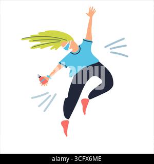 Woman in mask dancing wigh a spray sanitizer. Hygiene during infection outbreak concept. Covid-19 awareness concept. Antiseptic rub advertisement temp Stock Vector