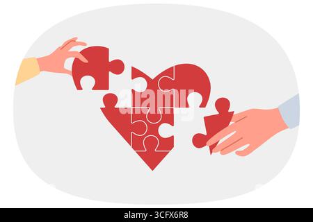Heart symbolizing charity and mercy consists of puzzles carefully assembled by hands of people Stock Vector