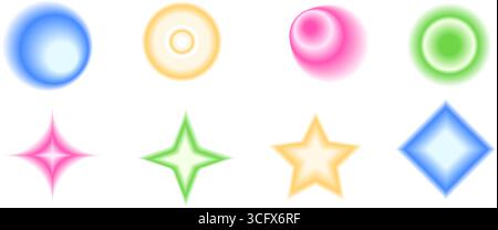 Blur gradient geometric shape set. Y2k retro circles with sparkles forms. Colorful rounds and star icons on white background. Trendy effect with blurr Stock Vector