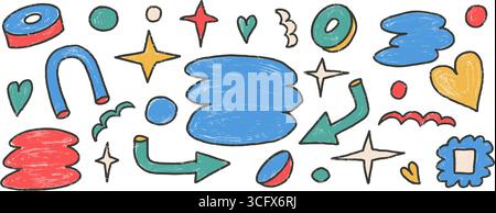 Abstract kids shapes and text boxes crayon drawn set. Naive doodle tag figures on white background. Callouts frames geometric forms elements. Vector s Stock Vector