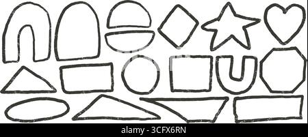 Brush stroke geometric shapes set. Text boxes underline textured frames. Octagon, rectangles, oval and triangles frames elements. Vector hand drawn gr Stock Vector