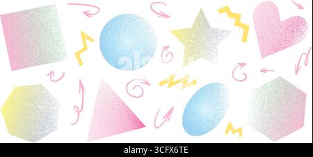 Soft colors grainy gradation geometric figures. Noise gradient geometry shapes set. Blurry dots transition forms. Vector gritty stickers isolated on w Stock Vector