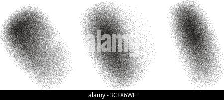 Dotwork grainy gradient textured spot shapes set. Black stippled splatter irregular figures. Grunge noise dotwork. Undulate sandy splashes with speckl Stock Vector