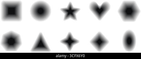 Blur gradation geometric figures set. Shadow gradient textured black y2k kid school elements. Oval, rectangle, star and circle smooth black stickers. Stock Vector