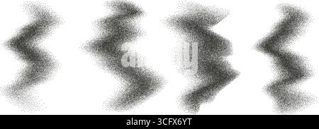 Dot work grainy gradient textured wavy irregular shapes set. Black stippled splatter uneven figures. Grunge dissolved noise dotwork. Undulate sandy sp Stock Vector