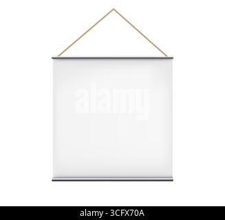 Blank white banner hanging on rope. 3d template for your design. Realistic vectoron white background. Stock Vector