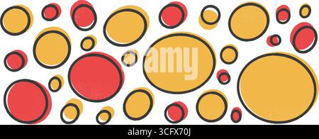 Round and oval shapes crayon with black stroke set. Kids red and yellow chalk elements. Kindergarten fun polka dots pattern. Vector handmade ellipse, Stock Vector