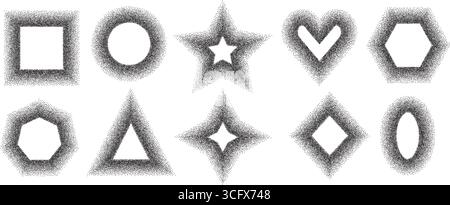 Noise grainy geometric shapes frames set. Grain gradient textured black y2k frame callouts elements. Heart, rectangle, star and circle with oval dotwo Stock Vector