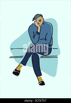 Young man sitting on a bench vector illustration. Lecture listener concept. Waiting concept. Being bored concept Stock Vector