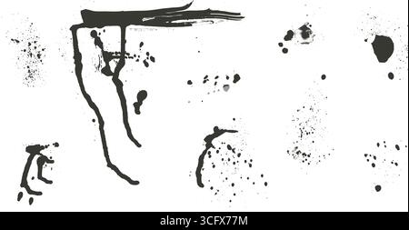 Paint splashes set. Ink spray hand drawn elements isolated on white background. Grunge brush textured splatters. Urban street smudges scribbles pack. Stock Vector