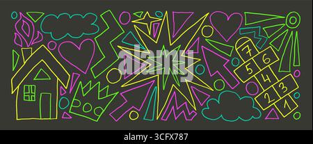 Kids elements neon crayon drawn set. Brush stroke house, hopscotch game, sun and clouds doodle shapes isolated on dark background. Kindergarten naive Stock Vector
