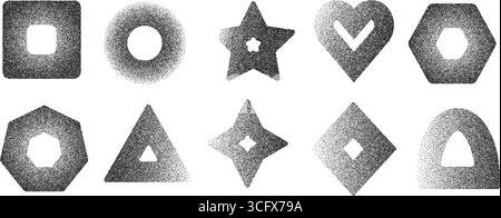 Bold stroke geometric shapes set. Grainy noise textured black y2k frame elements. Hexagon, rectangle and circle dotwork icons. Vector gritty stickers Stock Vector