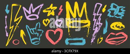Scribble colorful punk brush stroke set. Spray paint hand drawn elements isolated on dark background. Grunge arrows, lightning, crown, heart textured Stock Vector