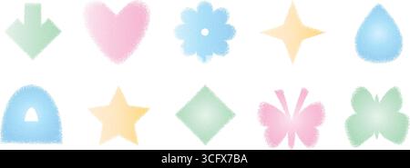 Y2k retro gritty pastel gradation triangle, drop and arrow with flower forms. Sand dotwork gradient geometric shape. Butterfly and star noise icons on Stock Vector