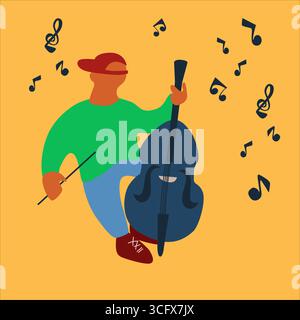 Street musician playing double bass. Contrabassist making a performance. Vector illustration in abstract flat style Stock Vector