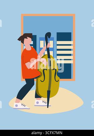 Man playing double bass by the window. Neighbourhood concert. Creative occupation. Social distancing during COVID-19 Stock Vector