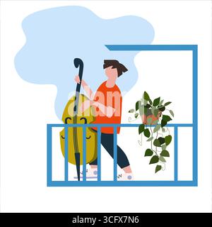 Man playing double bass on the balcony. Neighbourhood concert. Creative activitiy. Social distancing during COVID-19 Stock Vector