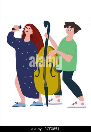 Double bass and vocal duet performance. Vector illustration in flat style Stock Vector