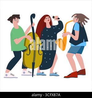 Saxophone, double bass and vocal trio performance. Jazz band vector illustration in flat style Stock Vector