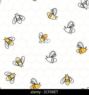 Linear cartoon homey bees on honeycombs seamless pattern. Vector background illustration. Stock Vector