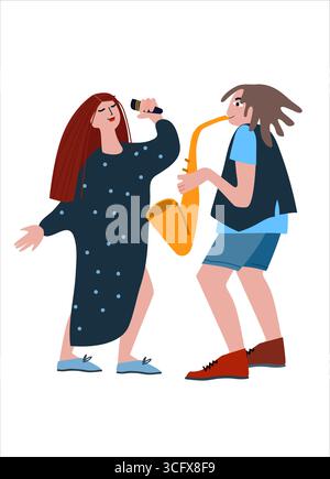 Saxophone and vocal duet performance. Vector illustration in flat style Stock Vector