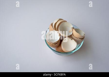Broken chicken egg shells in a bowl isolated on white background. Copy space. Stock Photo
