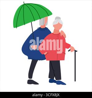 Old people walking under umbrella. Senior couple enjoying a walk together in the rain. Vector illustration in flat style Stock Vector