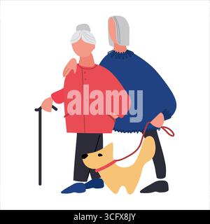 Old people walking the dog. Senior couple enjoying a walk together. Vector illustration in flat style Stock Vector