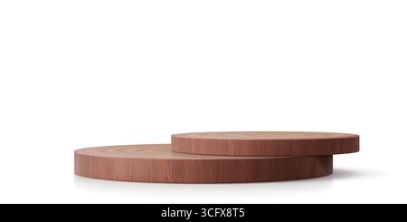 Round wooden podium stand pedestal made of two circle plates. Realistic 3d vector display, stage, wood or circular platform with polished surface for natural organic cosmetic products presentations Stock Vector