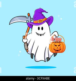 Ghost Witch with Scythe and Pumpkin  Candy Bucket for Halloween Vector Illustration Cartoon Design Stock Vector