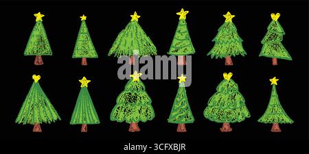 Set of Christmas tree with gold star on top. Doodles in pastel charcoal style. Hand-drawn by children on white blackboard using green wax, squiggle Stock Vector
