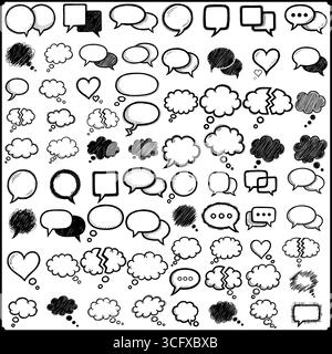 Hand Drawn Speech Bubbles and Thought Clouds Doodle Set - Comic Sketch Vector EPS Stock Vector