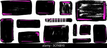 Black irregular rectangle shapes. Text box or speech bubbles frames with doodle squiggle texture. Wax crayon or charcoal hand drawn sticker collection Stock Vector