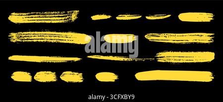 Set of isolated vector yellow brush prints on black blackboard. Featuring dirty stains, graffiti inspired silhouettes, long straight strokes, grunge Stock Vector