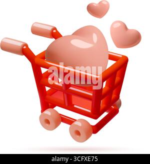 Red shopping cart 3d icon with pink hearts inside - Valentine's Day sale or donation concept Stock Vector